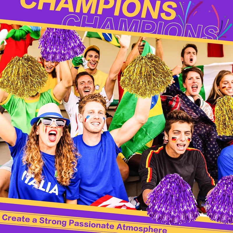 DILIBRA 24 Pcs Metallic Cheerleading Pom Poms for Kids, Cheerleaders Cheer Pom Poms with Baton Handle, Cheering Squad Hand Flower for Adults Team Spirit Sports Game Dancing Party - Image 5